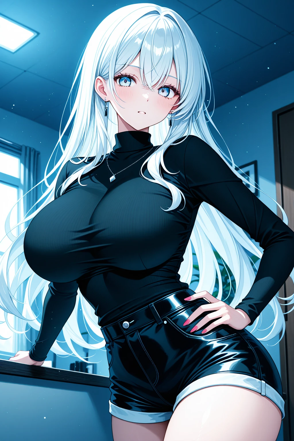 Petite and slender woman with long yellow hair, wearing a white turtleneck sweater and a black leather jacket on top, a mini skirt (black), white stockings, and high-heeled black boots. She is standing on a balcony, looking at the starry sky on a brightly moonlit night. Enormous breasts, covered nipples, rounded belly, overhanging shirt, nipple cutouts