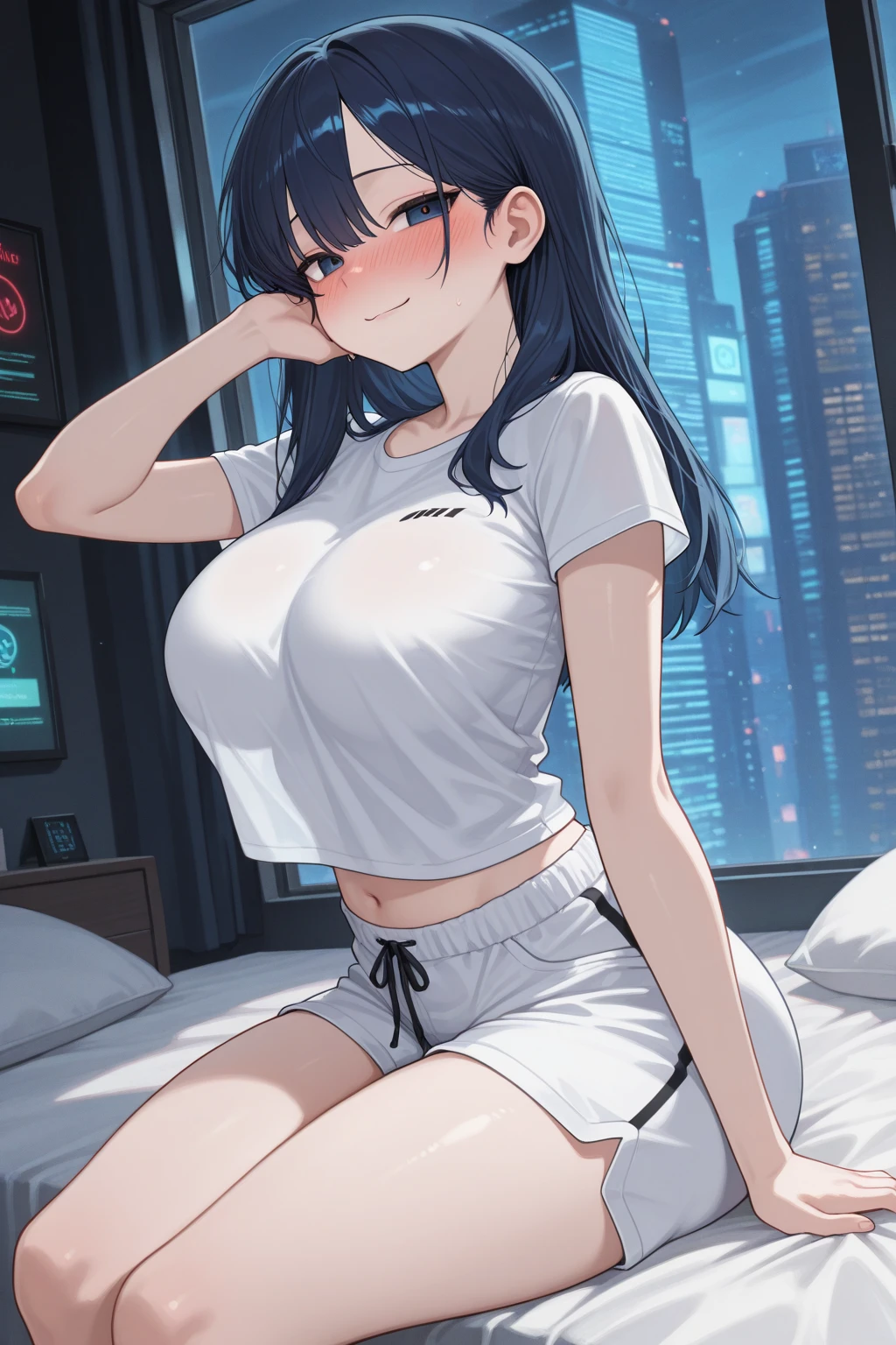 While working, the female astronaut wears a shabby T-shirt, white underwear, emphasizes her cleavage, sweats, and blushes.
