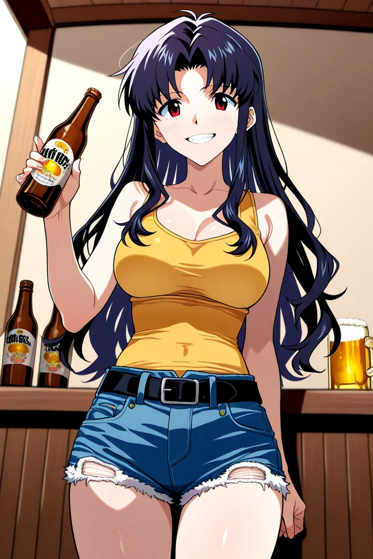 standing, indoor, bar, smile, open mouth, holding mug of beer, <lora:cana-05:1>, canafh, pants, 1girl, masterpiece, absurdres , cinematic lighting,bust shot,extremely detailed CG unity 8k wallpaper, cowboy shot,