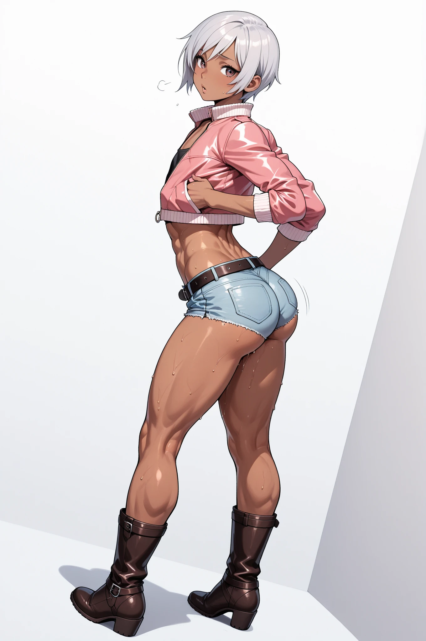Drawing of cammy_white, cammy sf6,1girl, solo, bang, scar on cheek, blonde hair, blue eyes, short hair, (((Plain background:1.2))) (masterpiece, high quality:1.1) 1girl solo full body squatting looking to the viewer, view from below, hairstyle short bob hair cut with a braid, extra long hair, white silver hair, red eyes, HANDS ON HIPS (yellow tiger bikini print long sleeves and long stockings) (dark elf dark skin) (incredibly beautiful full body photo, standing, (((bright eyes))), good anatomy, perfect hand muscular legs))), thin waist, muscular abdomen, wearing black high heel shoes, (((with her back to me showing her big shapely ass to me)))