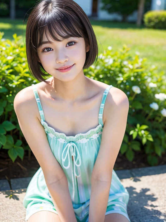 ((of the highest quality, 8K, masutepiece: 1.3, Raw photo)), Sharp Focus: 1.2, (1 AESPA Girl :1.1), Solo, (Realistic, Photorealistic: 1.37), (Face Focus: 1.1), Cute face, hyperdetailed face, short messy hair, Small Smile, slender, (small bikini, Off-the-shoulder chiffon dress: 1.2), panties, sitting, garden, flower, dahlia