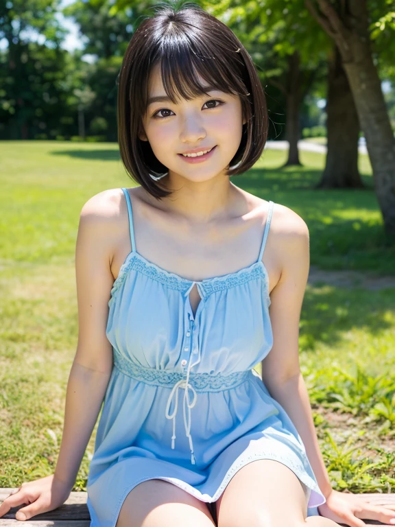 8k,masterpiece,Japanese,11-year-old girl,from the front,smile,cute,Innocent face,Innocent,Kind eyes,Childish,Plain T-shirt,Short sleeve,Blue checked short skirt,Bob,Hair blowing in the wind,Black Hair,Somewhat strong wind,noon,bright,Sitting、M-shaped feet, (Large Breasts:1.2),(Emphasize the chest:1.2)