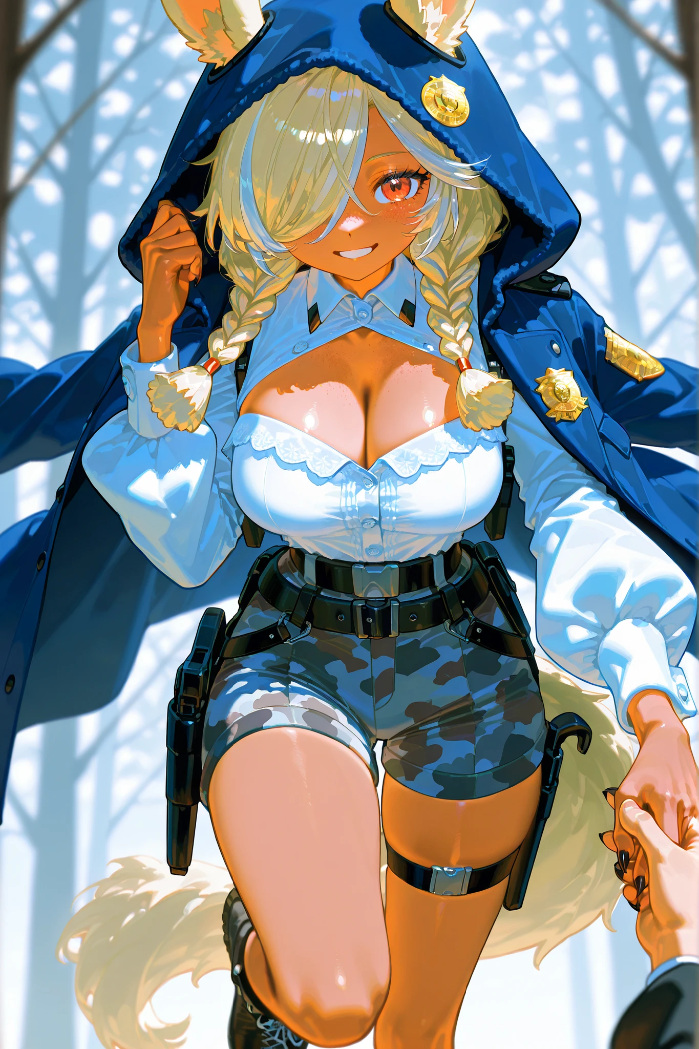 (masterpiece:1.2),Detailed explanation, Awards, high quality, High resolution, HD, 4K,8K,high quality,(professional illustration:1.1),large breasts,(Chewy breasts,tender breasts:1.3),close up face,Thighs focus,Ramlethal Valentine,Guilty Gear,dark skin,shorts,Cape,Hood Cap,(loli)