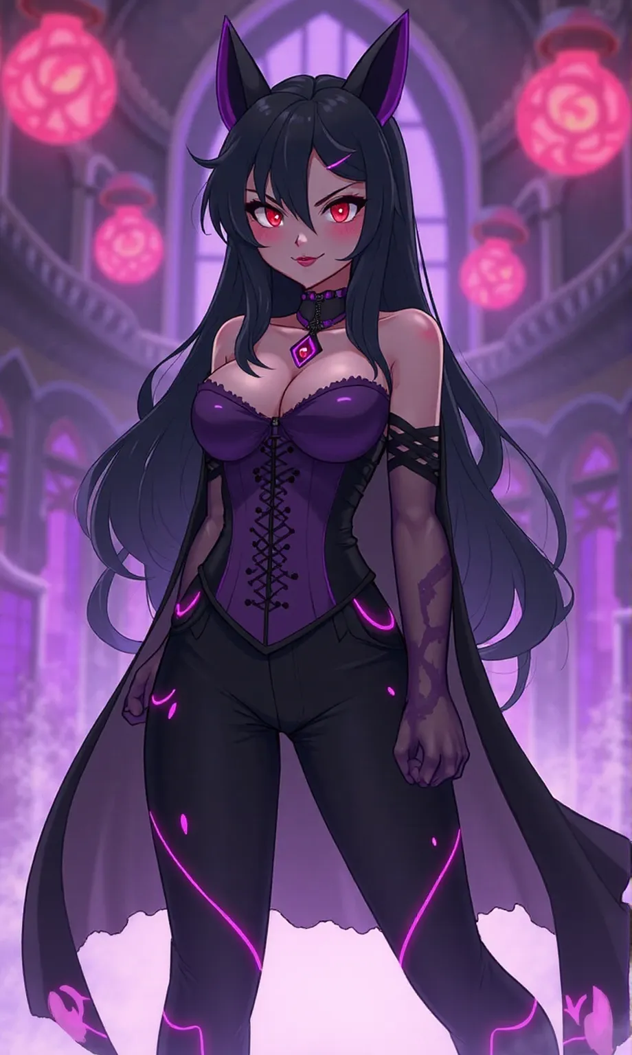 woman, pirate clothes, long wavy raven black hair. Piercing blue eyes. Hypnotic eyes. evil smile, seductive smile, large breast,slender and alluring body. Silver chocker, piratess