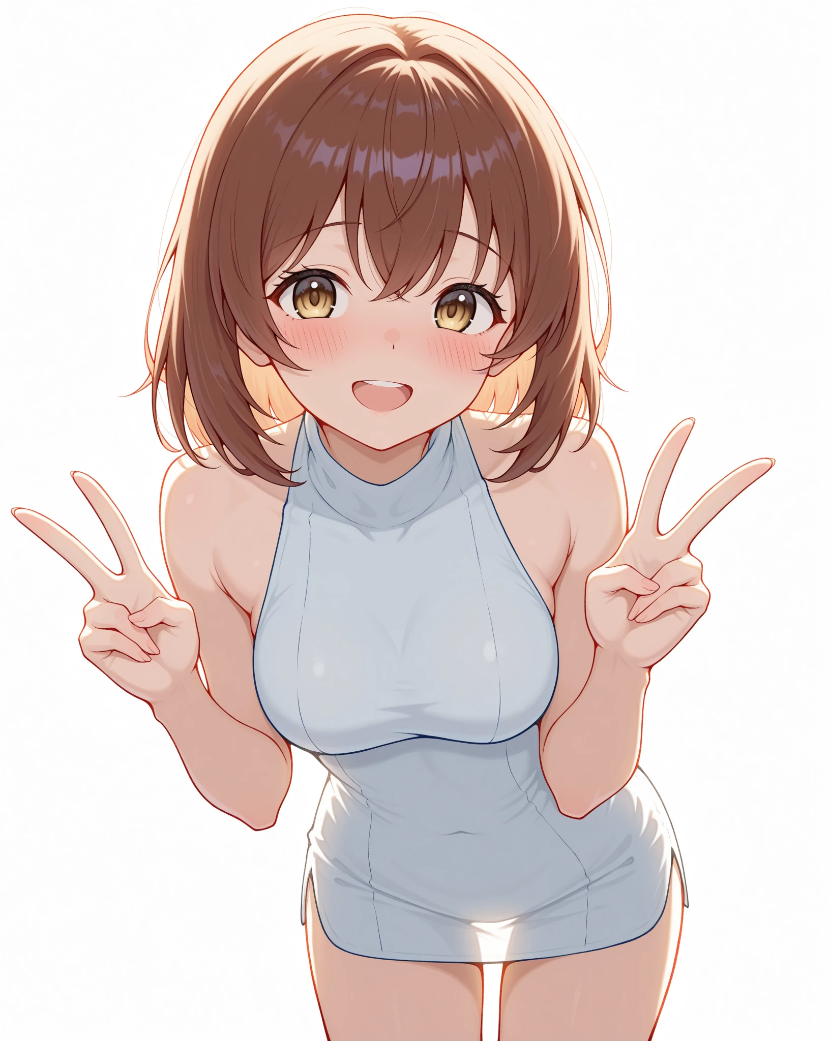 ((4K, 8k, Highest quality, Perfect Fingers:1.3, Perfect Anatomy:1.3, Blur the background)), 1 person, ((Small breasts, Cute droopy eyes, short hair, Brown Hair,)), Laughter, (Trichrome, One piece swimsuit), An angle that captures the whole body, White sand beach, smile, Open your mouth,