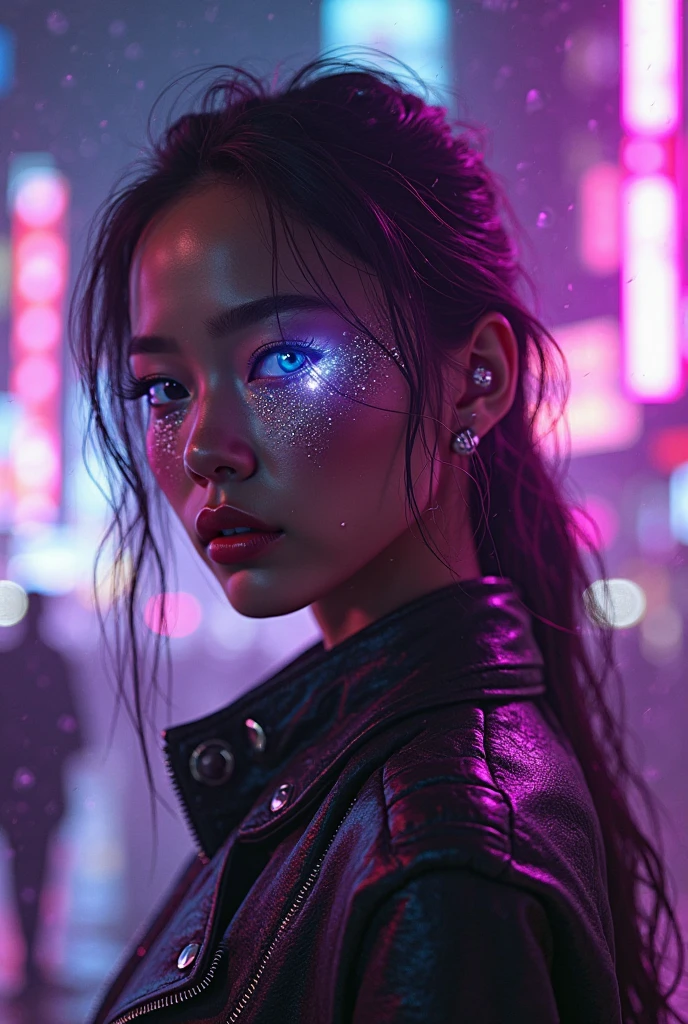 A stunning cyberpunk portrait of a young woman with glowing cybernetic ...