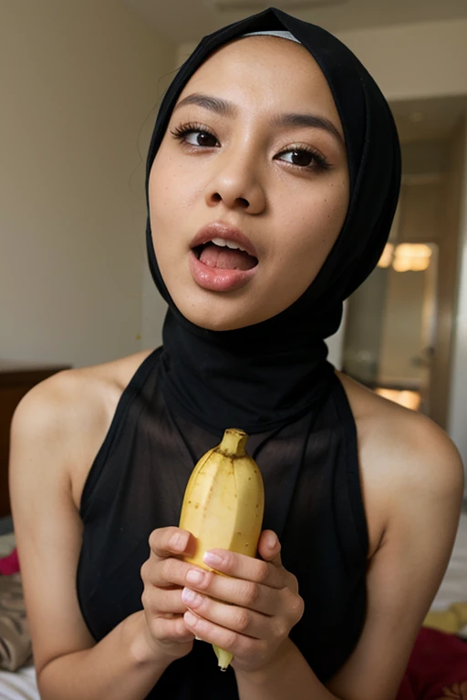Hijabi girl licking a cucumber with lust and then the cucumber attack her