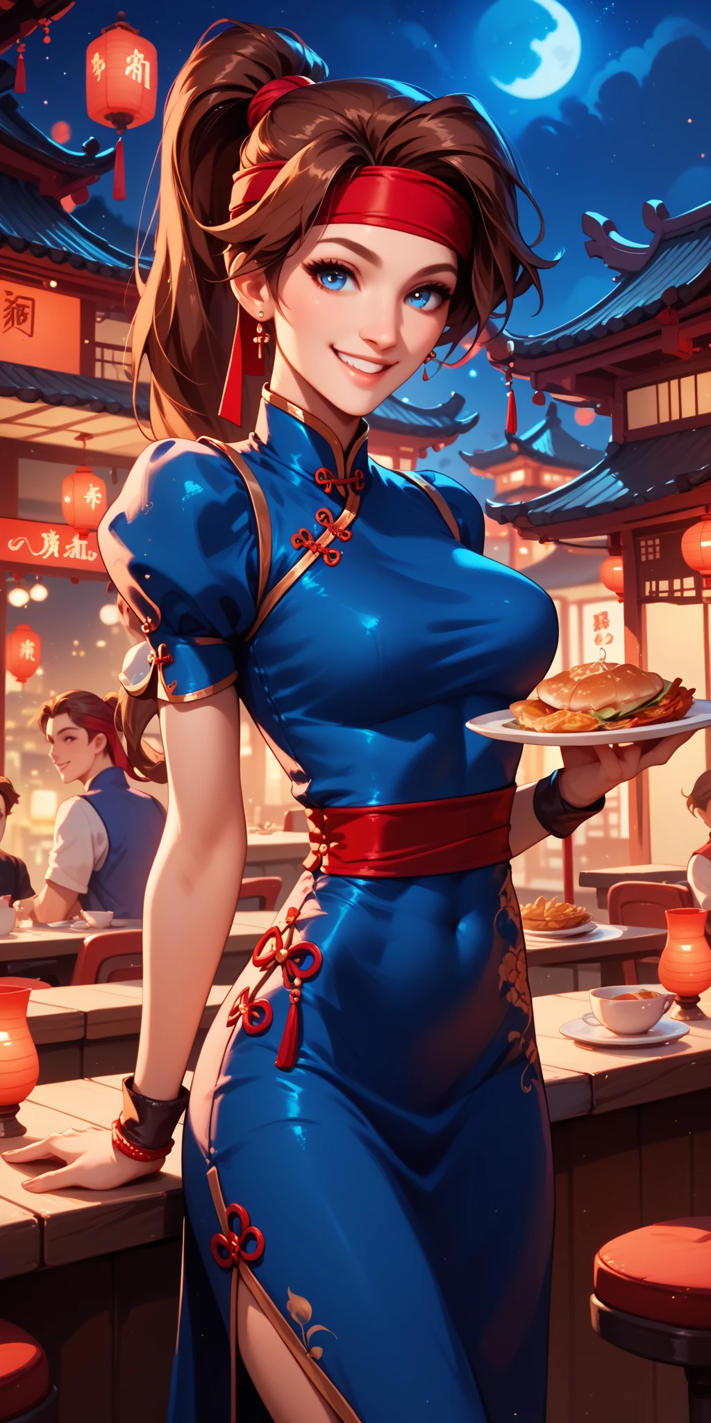 score_9, score_8_up, score_7_up, 1girl, Chun li, streetfighter, choker, spiked collar, shirt up, exposed breasts, tits out,Chinese clothes, , holding pizza box, large box, seductive, hair ornaments, , pizza delivery girl, cap, holding a pizza, dripping cheese, suburban background, exposed breasts, medium breasts, erect nipples, smile, cute, logo,