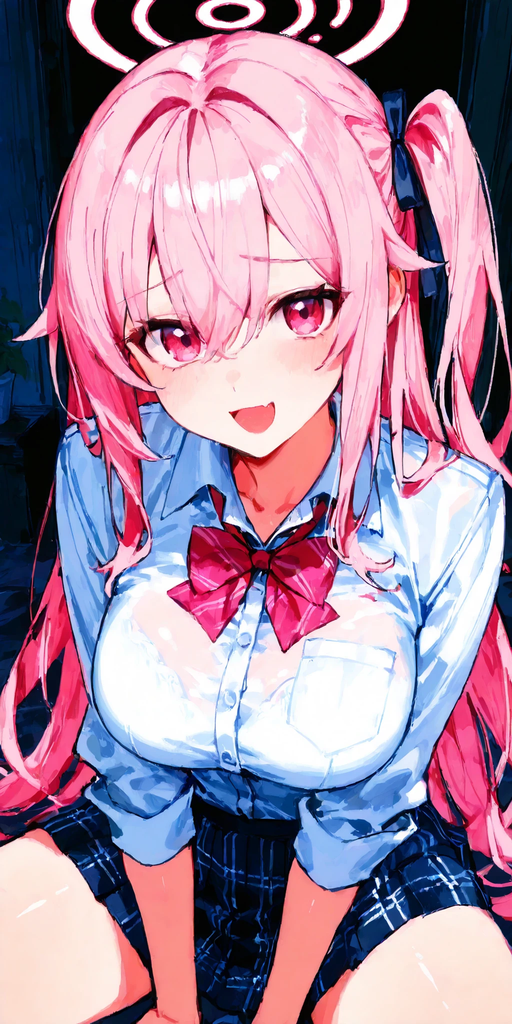 Highest quality、masterpiece、Very high resolution、Ultra HD、High Quality Pixels)、Perfect Eyes, Perfect Face, Perfect figure,alone,8K, Large Breasts,(Detailed description of the hair), (Detailed description of the face),(Detailed description of the body), Fair and translucent skin, Unparalleled beauty, Long legs, Pink hair detailing, Details have been upgraded,Clear blue eyeball color,Blood tears, No bra, uniform、classroom