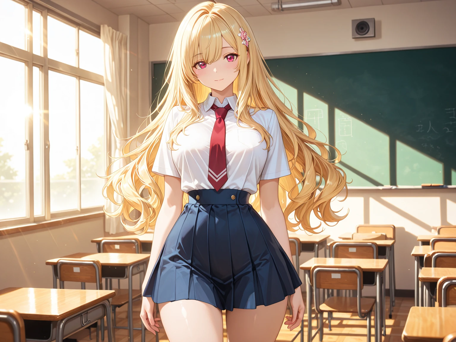 ((1 girl))、smile、small breasts、（cowboy shot）、(cardigan)、(blonde)、blush、(single braid)、(eye highlights:1.3)、blake black footwear,(黒いskirt)、bow, button, shirt with collar, long sleeve,  ((red bow tie, , black jacket, open jacket, 茶色のcardigan, white shirt, 黒のskirt, チェック柄のskirt、white socks)),, shirt,, skirt, socks, thighs, white shirt, rest indoors, ((classroom:1.5))、 BREAK While watching the audience、(skirtを掴む:1.0)、 (perfect hands, perfect anatomy),cowboy shot、(skirt lift:1.3),(highly detailed white panties:1.3)、(highly detailed panties:1.3)、、(skirt that rolls up:1.3)、(fully exposed panties:1.5)、blue eyes