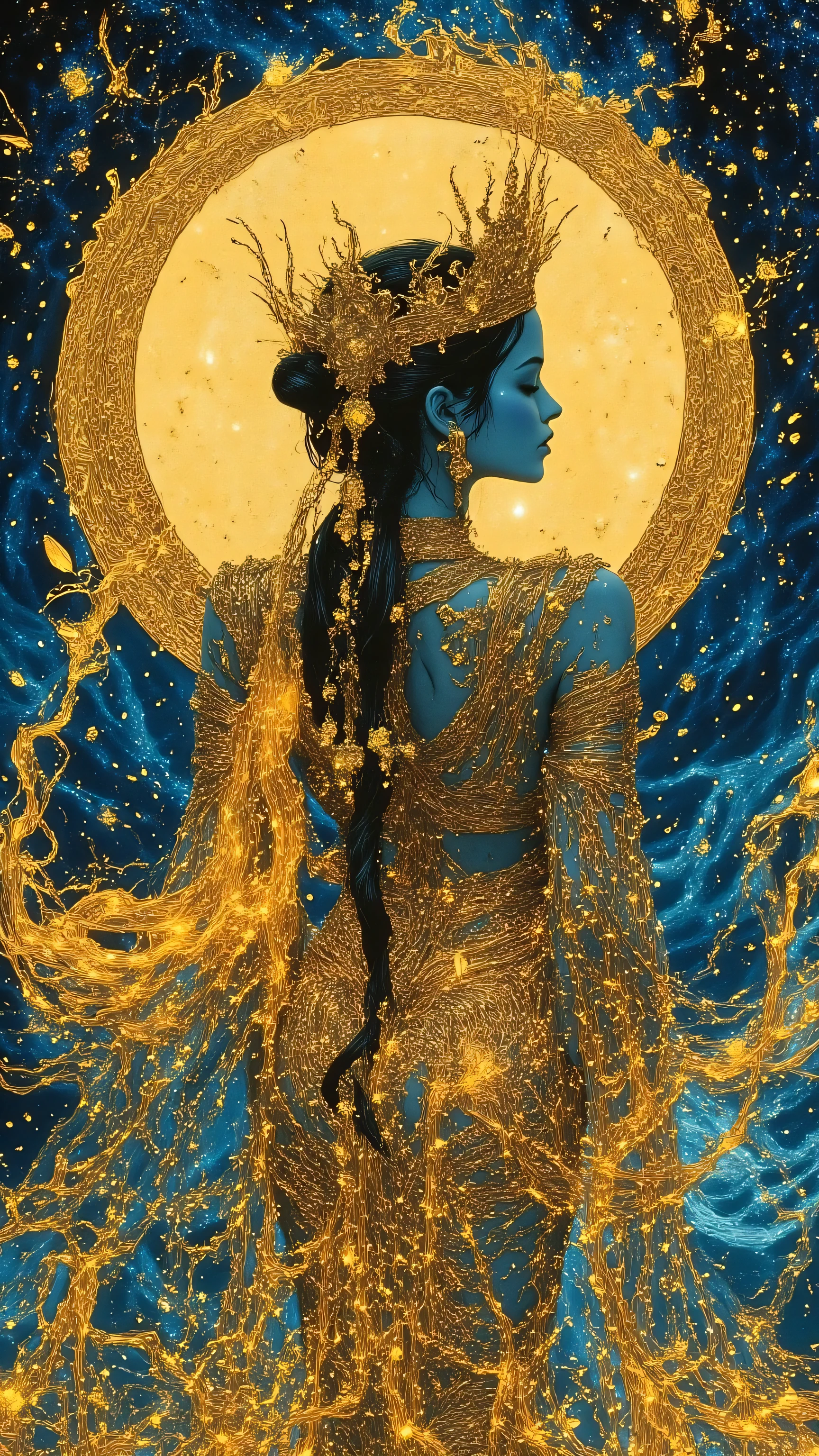 (Masterpiece: 1.2, highest quality), (Masterpiece: 1.2, precise and accurate), (Highly detailed and delicate fusion painting of Thai classical dance and the latest colorful digital images), (Thailand animation style, 8k, 16K, wallpaper, night sea, floating, rainbow-colored moonlit night, only the sea surface and the night sky, deep blue and gold (Thai classical dance, Lakorn, a dance performed at the royal court) (large golden mandala in the background), floating image, (old Buddhist style: 2.0), moonlit sea, fantastic scene reflected on the sea surface, Thai temple floating on the sea, (Thailand: 2.0), (Beautiful Thai national costume: 2.0), (Gold-studded costume shining: 2.0), (Dynamic: 2.0), (Angle looking up from the sea surface: 2.0) Art masterpiece, surreal, low angle, artistic, masterpiece, ultra high definition, numerous awards, high details,