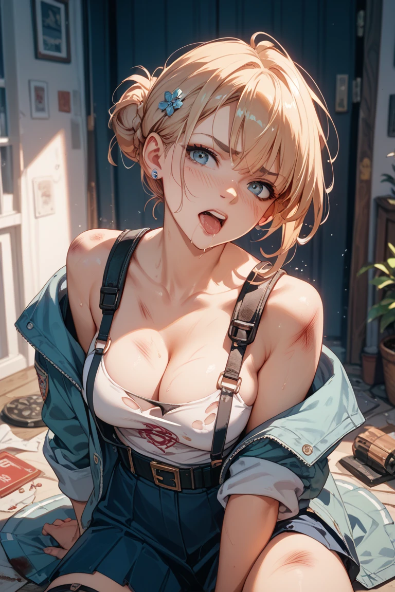 chica con cabello en capas largo y cafe y ojos pardos con camisa azul de sonic (extremely detailed CG unity 8k wallpaper), (masterpiece), (best quality), (ultra-detailed), (best illustration), (best shadow), (absurdres),
BREAK
girl, sweat, steam, medium breast, nsfw, shy, looking at viewer,