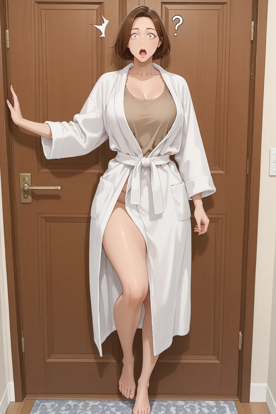 There's a sexy 30-year-old European woman (Modelo Hannah Palmer) posando em banheiro. Mulher branca com sardas, sardas no rosto, olhar expressivo, rosto detalhado, She's naked wearing a fluffy white bathrobe, totalmente sem roupa por baixo, corpo molhado, piercing na barriga, seios grandes, volumosos e arredondados, seios naturais (Angela White), Madeixas grandes e naturais, Large melons, seios arredondados, mamilos duros, Excitado, visible private parts,  detalhada, Depilado, muito molhada, olhos lindos e verdes, olhar lascivo e sedutor, half-open lips, grosso, red lips, sexy, breasts are wet, water running down your body, piercing na barriga, cabelos longos e encaracolados, cabelos ondulados, Corte Loiro, loiro com raiz escurecida, raiz dos cabelos escurecida, tatto on the arm and neck, Tatto tribal, Casa de banho com luz natural, casa de banho rica em detalhes, outer space, dust particles in light, great contrast, sombras naturais, Underneath view, olhar de baixo, vista de baixo, close-up nos seios, Ultra-cinematic filter, imagem bem sombreada, anatomia perfeita, mulher quente, sensual, corpo bem iluminado e sombreado, detalhado, 4k, 8k, Ultra Definition.