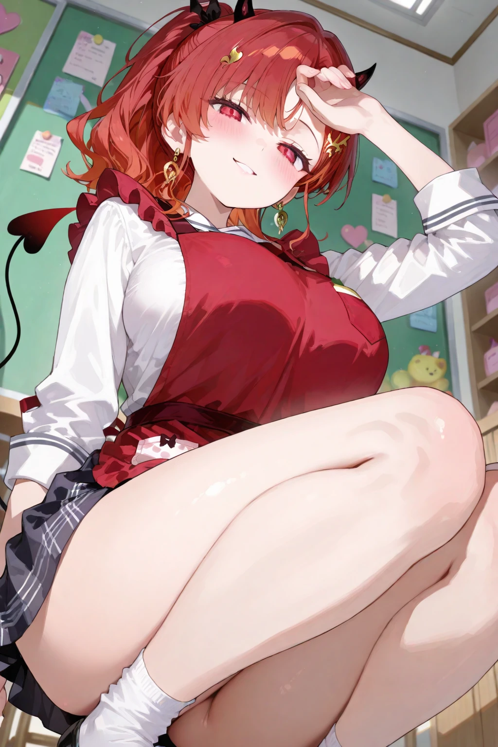 highest quality, masterpiece, detailed, nsfw, 1 girl, (((vagina))),((flat breast)), lie on back, 2 legs up high, nipples, from above, bare foot, garden, Sofa, ((spread legs)), pussy juice, French braid, knees away, hold knee, pinch own nipples, put the soles of the feet forward, choker, anklet, earring, bracelet, Ribbon, garter straps, garter belt, red hair, orgasm, school uniforms, penis, sex, arrested, red ropes,