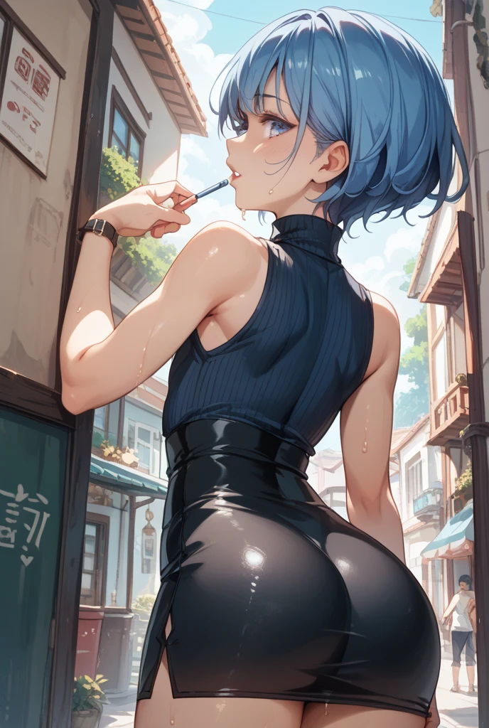 1girl, adult, white hair, medium size, messy hair, light blue eyes, rainstorm, holding an umbrella, under the rain, showing back, looking back, dancing under the rain, lovely, beautiful and aesthetic, masterpiece, close up, happy, gorgeous, black tattoo on right arm, black short vest, ripped black shorty, black strings, cross earrings, demon tail, soft, rainy background, cloudy, grey hour, splash, blush, professional art, high quality, perfect, cool