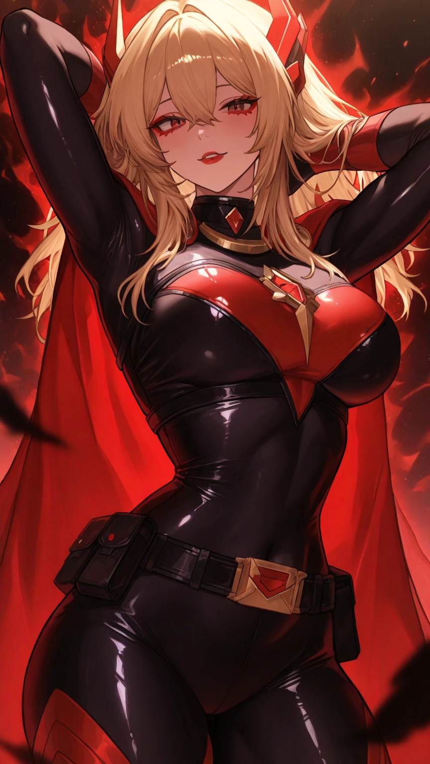 1girl,Alicia Viewsrtream,red lips,see-through bodysuit, red-black cape, red impossible clothes,red elbow gloves,red thigh boots,incredibly absurdres,Volumetric Lighting,moody lighting,thighs,realistic,reality, futuristic interiors, monitors, hand on hip