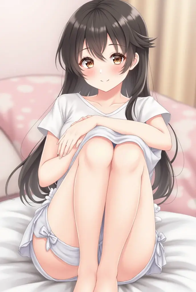(masterpiece、highest quality、High resolution、Realistic photo、Real looking skin:1.1)、
(The woman is squatting with her knees and thighs together and her legs closed.:1.8)、
(To see the panties々is sitting directly in front of her and looking:1.8)、
(Bold looking panties:1.5)、
(She has a grinning smile:1.5)、
(She is wearing a sleeveless turtleneck knit mini dress:1.5)、
(Her feet are bare and barefoot.:1.5)、
(The panties are white with a pattern.:1.5)、
(She has long brown hair.:1.5)、
(The location was on the bed in the apartment's bedroom.:1.5)、
1 Japanese Girl、solo、Full Body Esbian、Beautiful Eyes、Shining Eyes、Shining thighs、NSFW