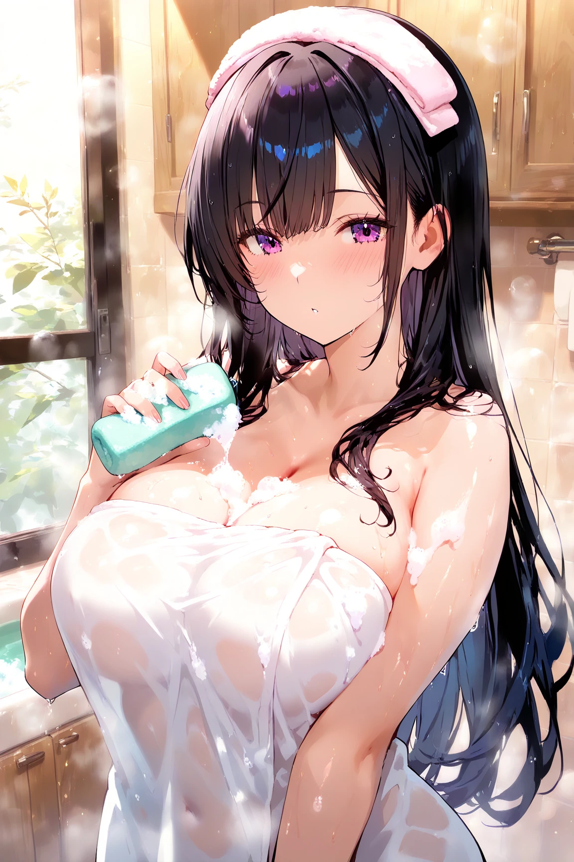 ((masterpiece,Highest quality:1.3,best quality illustration)), (Semen bath、bukkake,excessive cum)、penis,独奏,1woman,(Mature Japan beauties)、black hair,long hair,blunt bangs,black eyes,gorgeous eyes,((very small head:1.3)),blush,open mouth,tears,((very long body:1.2)),medium breasts,((tan skin:1.4)), (gleaming skin,toned body,slender body, skinny),naked,nipples,(wet,sweat),lying,large wooden bathtub、hot spring、night、moonlight、nsfw,