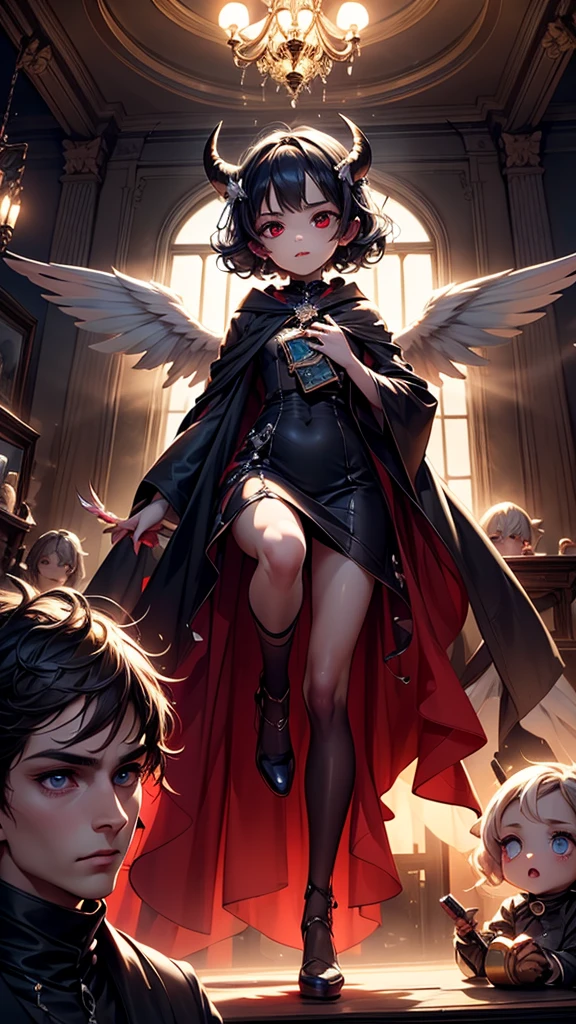 An oil painting, Falling from the sky, breathtaking masterpiece, vivid, Caravaggio, 8K,Angelic,A lot of people,Fallen Angel,Duel Night Battle Angels vs Humans Multiplayer,9 people