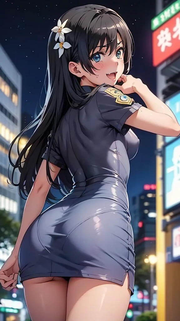 Masterpiece, Best Quality, Kaori Saeki, Horse tail, Hair tie, Blue Hoodie, Skinny Black Yoga Pants, athletic curves, curved, big ass, big breasts, thin waist, huge breasts, looking at the viewer, city background, cowboy shot, excited smile,