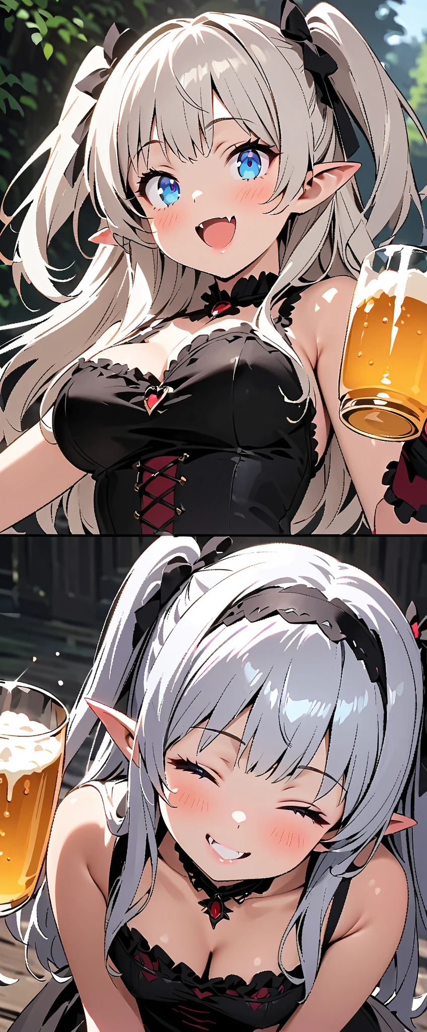 best quality, by ask, 1girl, mudrock \(arknights\), solo, white background, simple background, upper body, looking at viewer, drinking glass, holding cup, holding, horns, pointy ears, closed mouth, red eyes, long hair, white hair, hair ornament, bangs, large breasts, breasts, innerboob, gloves, dress, black dress, black gloves, jewelry, detached sleeves, bare shoulders, short sleeves, necklace, earrings, official alternate costume, single glove, cleavage, cup, choker, black choker, drink, hand up