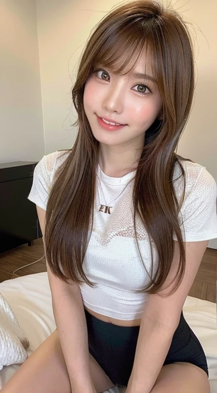 ((Full Body Angle))、((highest quality, 8K, masterpiece: 1.3)), concentrated: 1.2, Cute girl 1,Nipples erect、 Perfect beauty: 1.4,Cut and sewn T-shirt Raglan sleeve summer short sleeve T-shirt.Shorts: 1.2,Long sleeve、Randall Color、comics&Text Graphics、Black ruffle-trimmed drawstring zip blouse,1.1, Highly detailed face and skin textures, Fine grain, double eyelid, whitening skin, ,highest quality,Ultra-high resolution,you,1 girl,alone,_Shiny_skin,Iris,necklace,((Brown_length_Wavy_hair)),(lips)),eyelash,Front hair,deal with,compensate,Shiny,pore,skin texture,Large Breasts、smiling face、Front hair、