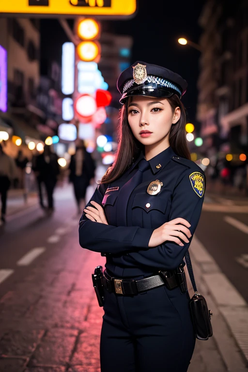 1girl, police woman, uniform, night street, lighting on face, bright back lighting, <lora:japaneseDollLikeness_v10:0.1>, medium breast, ultra high res, best quality, photo, 4k, (photorealistic:1.2),