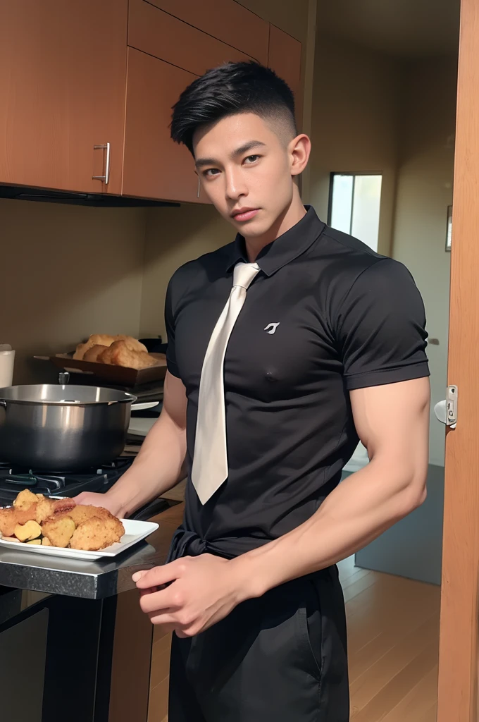 photo of a man cooking in the kitchen wearing naked apron, (20 years old), (smirk:0.7), food, window, large pectorals, leaning in, shirtless, best quality, masterpiece, detailed background, depth of field, intricate details
