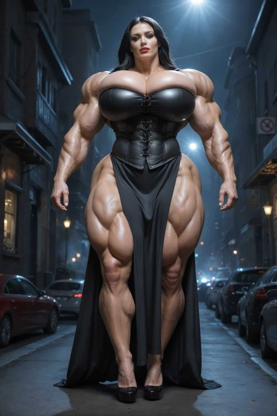 ((((Massive, beautiful, buff, pale white skinned, muscular asian woman with red hair, black lipstick, ginormous bulky muscles and wearing a cropped strapless black leather top and black leather pencil skirt)))), (close view), leather pants, massive muscles, massive biceps, hyper muscle triceps, (long hair), leather pencil skirt, yellow eyes, wristband, chained belt, high heels boots, top of a dark skyscraper, night, smug smirk, hyper muscles arms, hyper muscle legs, massive arms.