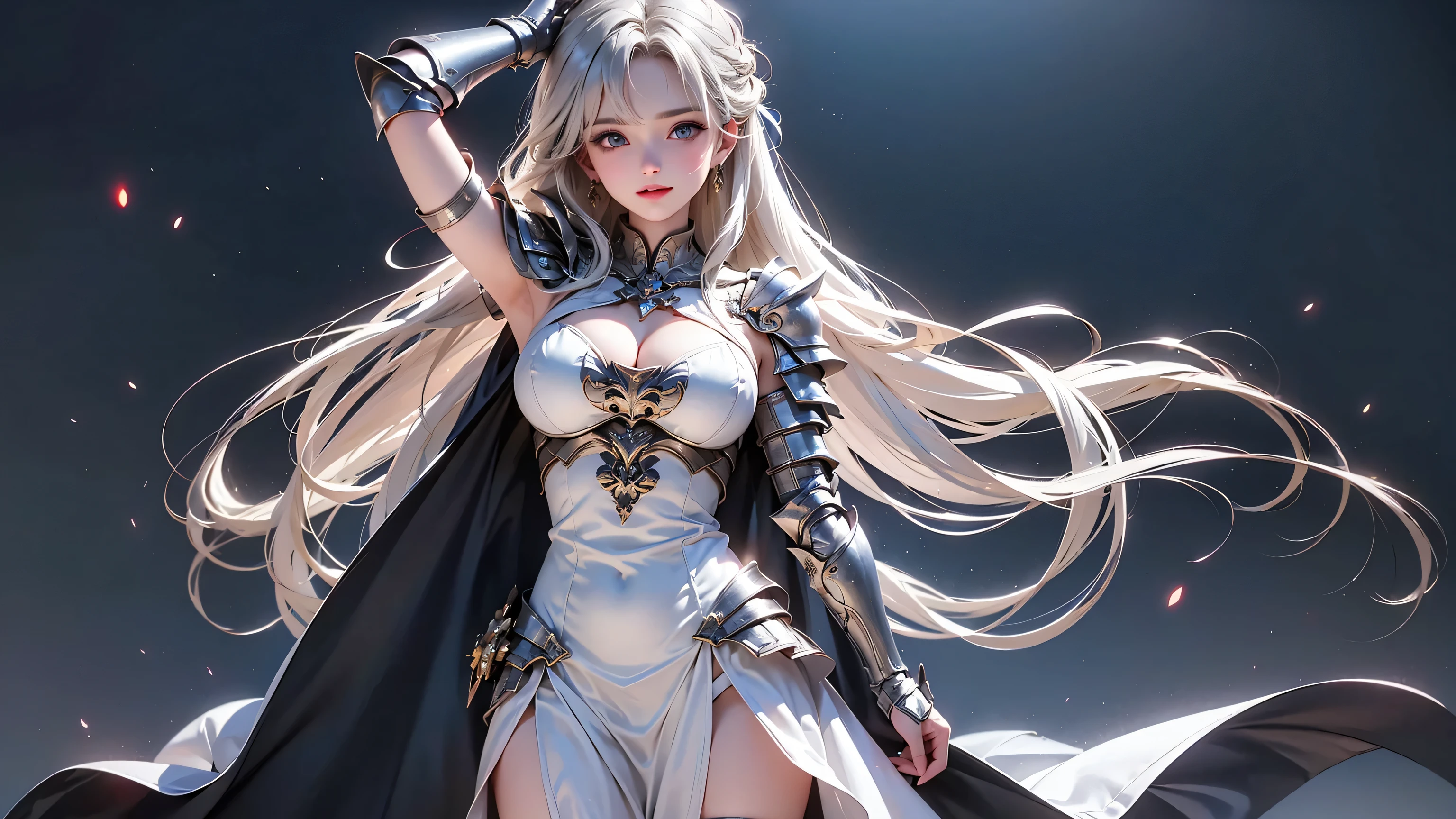 Carmilla, (knight armor:1.2), cloak, fluttering hair, long wavy hair, blush, gentle smile, tall stature, (flat chest:1.8), (thick thighs:1.4), huge hip, abdominal muscle, upper body from below, hands on hip, divine castle