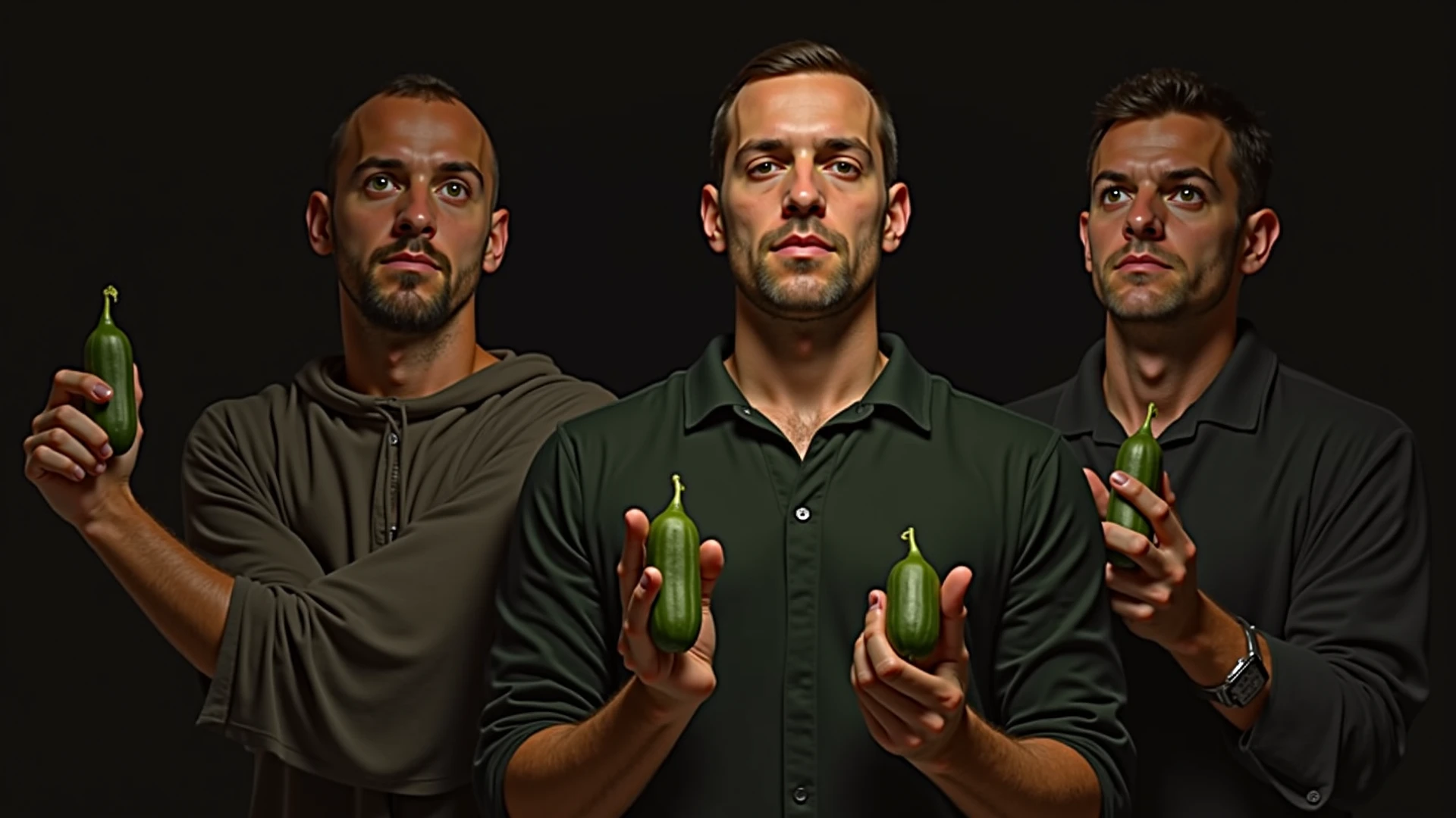 Strong sweaty naked men holding cucumbers