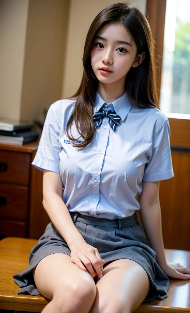 a closeup, ​masterpiece, top-quality, FULL ANATOMY、Raw foto, Photorealsitic, faces, unbelievable Ridiculous, beautiful a girl, cute little, shorth hair、depth of fields, hight resolution, ultra-detailliert, finely detail, ighly detailed, extremely detailed eye and face, Realistic pupils, foco nítido, Cinematic lighting、flat breast、tiny chest、small tits、(Petite bust:1.2)、Petite bust、 (Slimed、small tit、flat boobs、small tit)、 a 20 yo woman、Sexual facial expressions、sexy  pose、 Wet body、Blushing、Sweating、Very embarrassed look、yawns、The face is bright red、Schoolgirl Uniform、Panties are visible from the skirt、Very detailed 8k wallpaper、Sheer white shirt、Navy blue ribbon at the collar、Dark blue pleated micro mini、Show me your whole body、Plump panties、White Sox、((Lift the hem of the skirt、Lift the hem of the skirt with both hands、Lift the hem of the skirt yourself,、Show the camera a little bit of white silk panties))、is standing、‎Classroom、depth of fields、Bokeh in the background、Hairstyle with bangs
