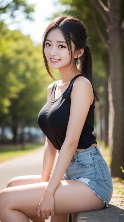 High resolution, Highest quality, super high quality, Ultra-detailed, Cinematic lighting、On the street、Sweaty、Sweat、Black-haired、Idol girl singing on the bandstand、Big smile、sunny day、Spread your legs、Spread your legs、sunny day、Full nudity、huge 、Nipples、Browsing Caution、punk