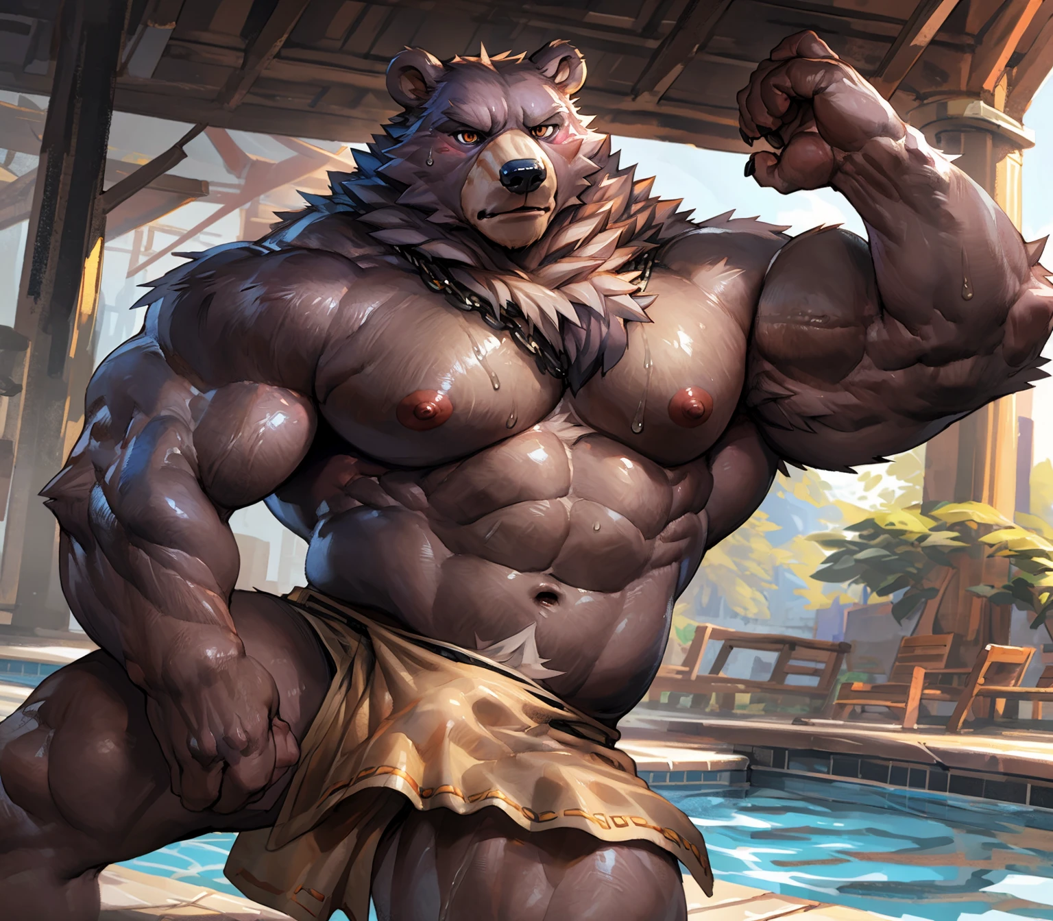 muscular anthro deer . 4k, high resolution, best quality, perfect colors, perfect shadows, perfect lighting, posted on e621, furry body, solo, anthro deer, older, beard, mane, male, adult, masculine, (heavily muscular:1.2), bare torso, correct anatomy, (photorealistic skin, detailed fur, epic, masterpiece:1.2), (detailed pool background, nighttime), sexy shadows, (by Taran Fiddler, by Anhes, by Traver009, by Chunie), (detailed eyes:1.2), sweaty, shiny fur, oiled body, flexing, posing for the camera, bodybuilder, confident, large pectorals, sexy, full body, girthy oversized erection, giant balls, happy trail