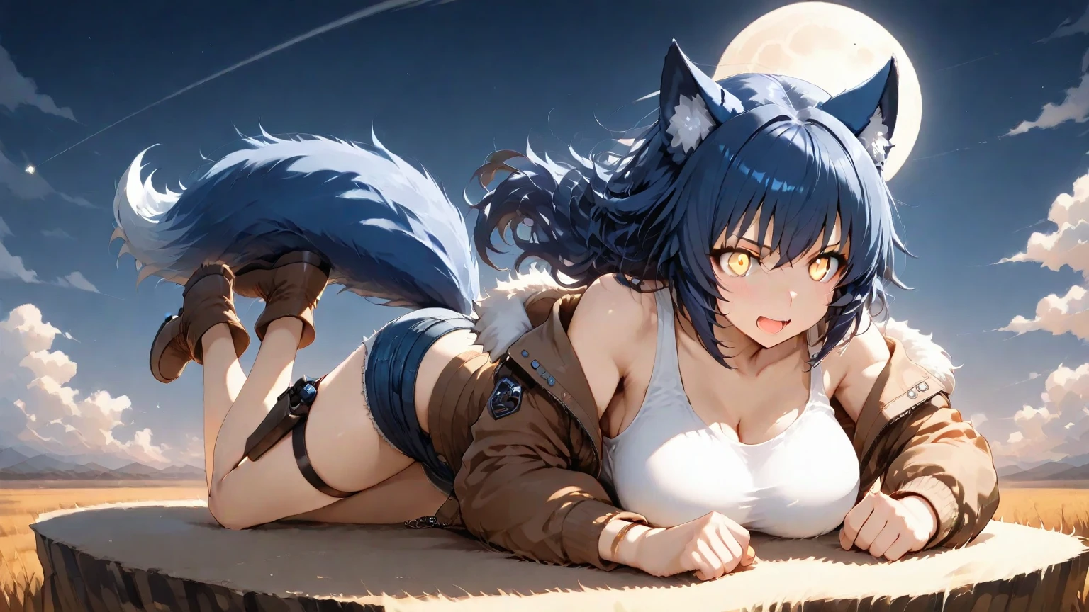 master part, high, high quality, detailed face, Detailed body, full body, slim body, nude, 1girl, solo, hinata hyuuga, long hair, blue hair, nude shoulders, large breasts, fox ears, fox tails, necklace, bracelet, hair ornament, on all fours, Clear Skin happy, blushes, forest, night
