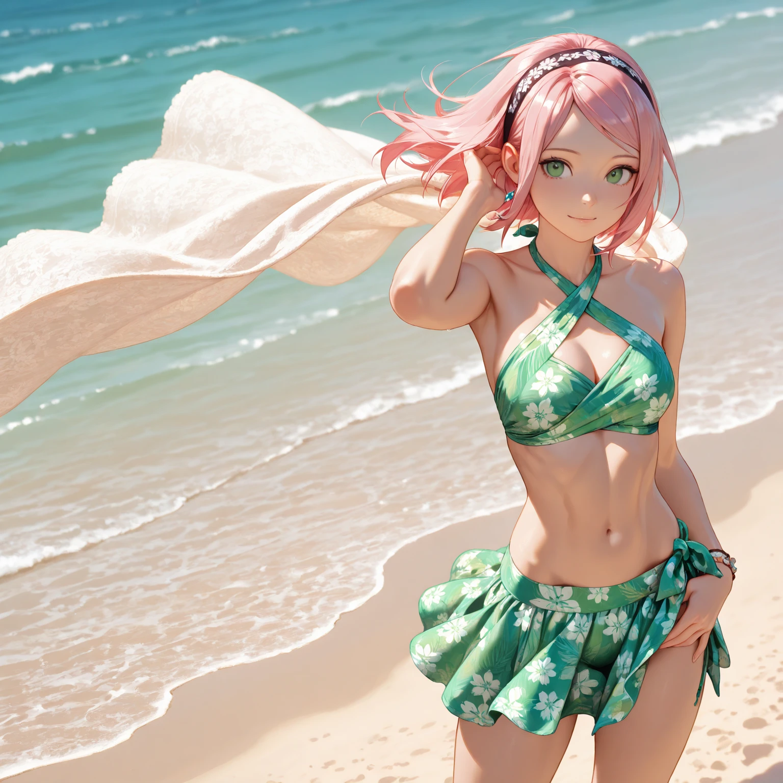 Cute brown Woman, brown skin, with very pink hair, green eyes like light, flying, sky Background