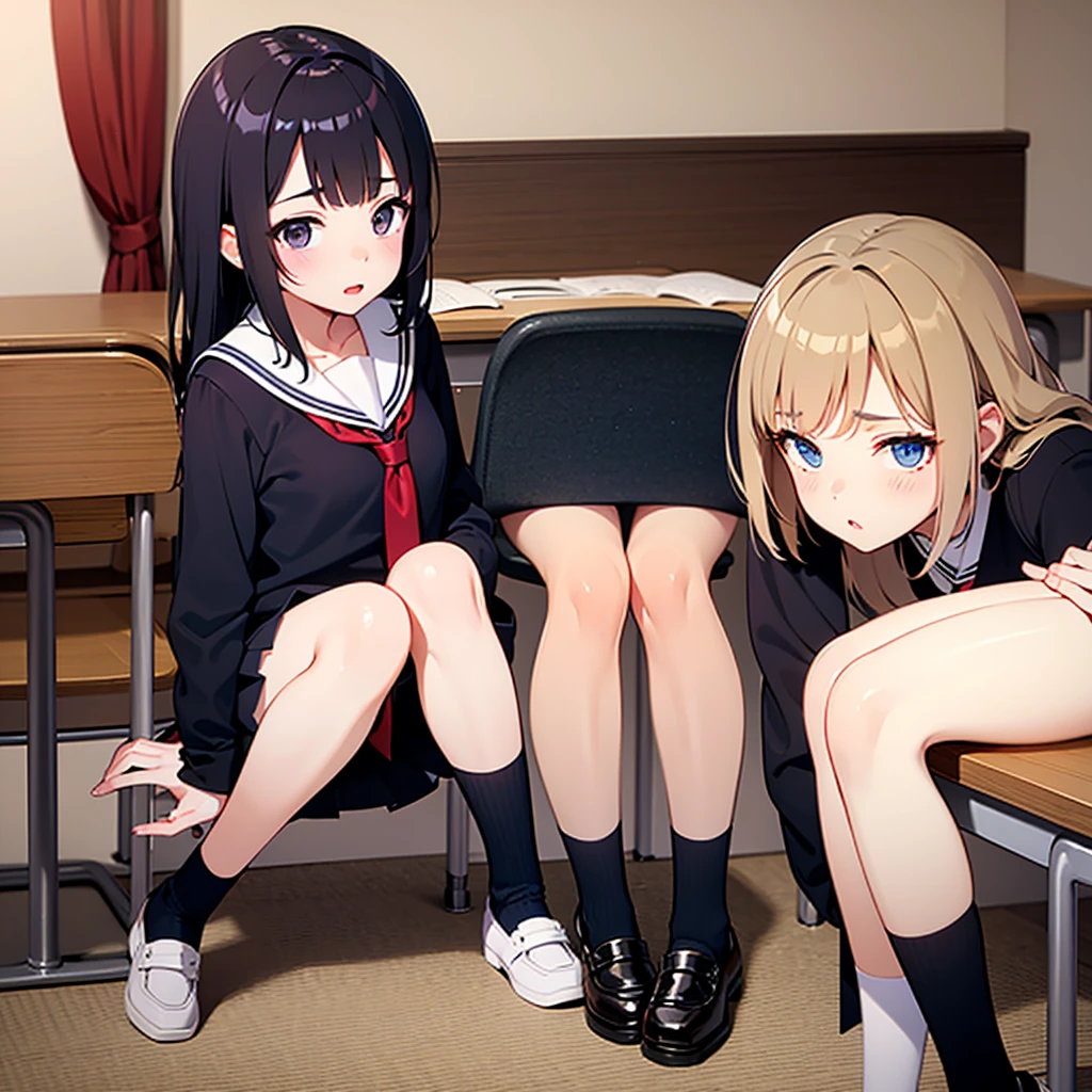16K、Cute junior high school student showing off her white panties、(A pained expression with a wide open mouth)、(From below:1.5)、Squat、Pee leak、Urine leaks and forms puddles on the classroom floor、Reveal school uniforms、(((She is being bullied by a large group of girls in her class.)))、(((orgasm)))