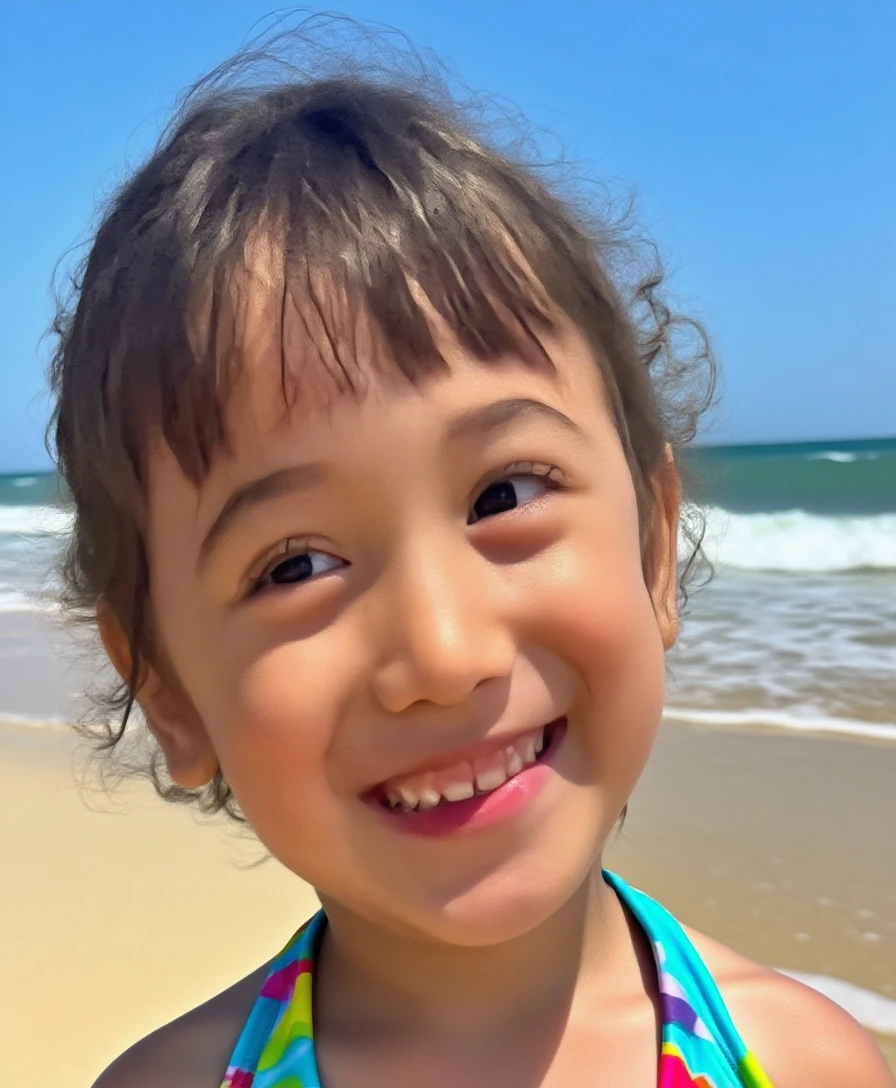 The girl slowly sinks onto the sand, letting the waves touch the tips of her toes. Her face lights up with a peaceful smile, as if she is enjoying this moment of complete harmony with nature.