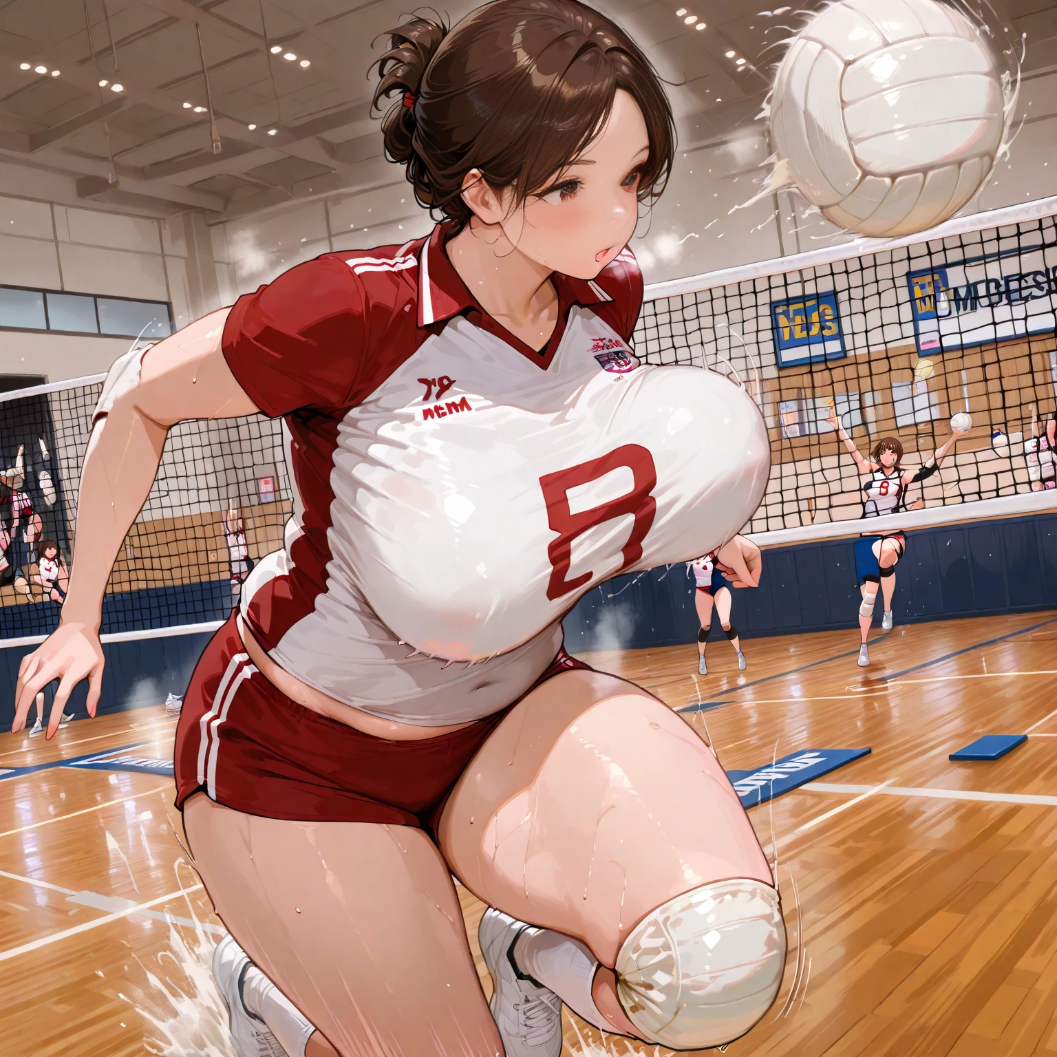 A 50 year old mature Japanese woman in a volleyball uniform、Men holding penises and surrounding a girl、Teasing Smile、、From the penis、In the city、Bukkake for girls、Thick thighs crowded together、Plump Mature Woman、Blowjob、Cowgirl、vaginal sex、Ahegao