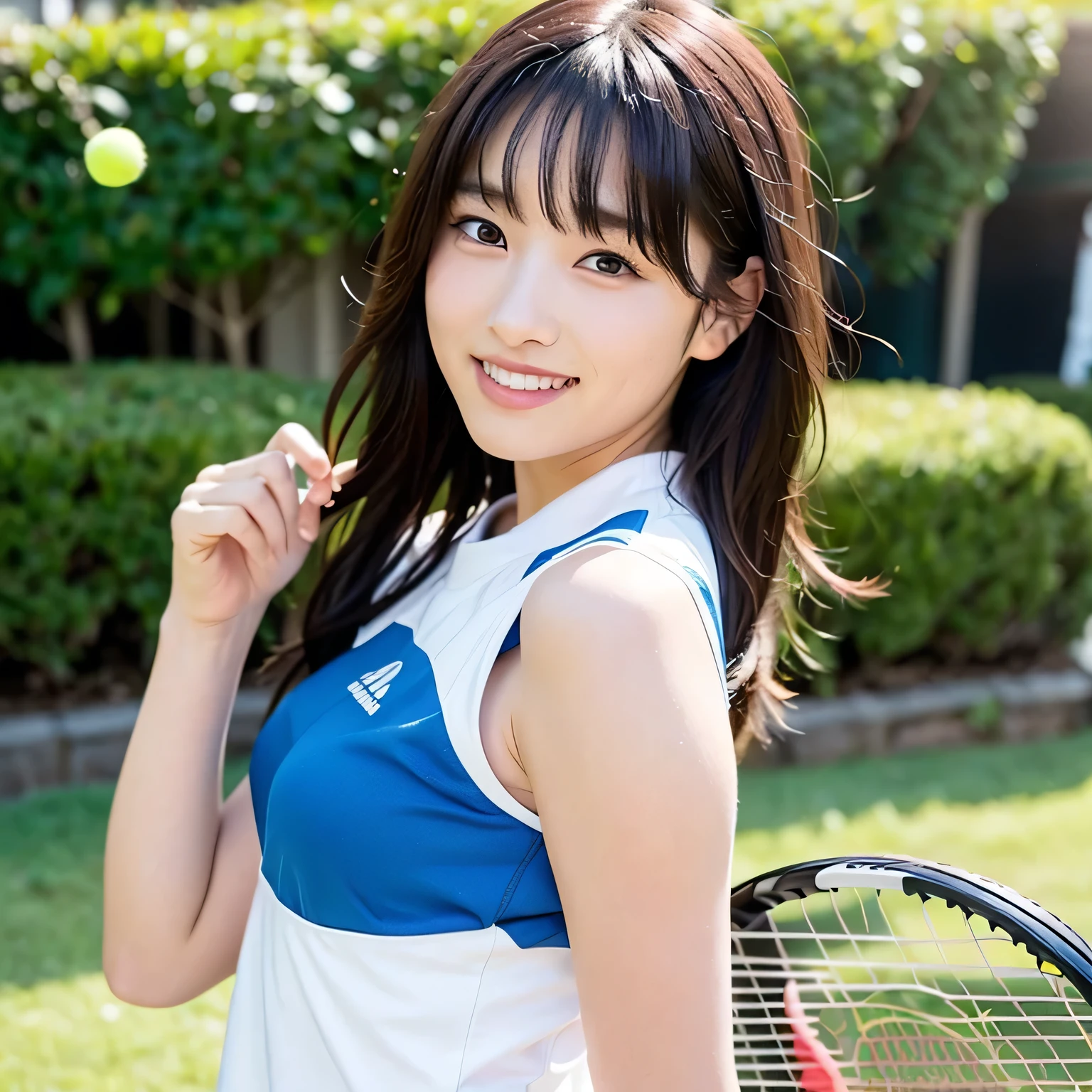 Tennis club training camp, first year university student, ((full body)), ((photo)), ((best qualtiy, 8K, tmasterpiece:1.3)), Focus:1.2, perfect figure beautiful girl:1.4, 1girl, cowboy shot, look at viewer, incredibly absurd, beautiful and cute girl with a photorealistic face, showcasing top-quality craftsmanship, Japanese girl playing tennis on the tennis court, 16 years old, short hair, with bangs, clear hair that seems to shine from within, pink cheeks, amber eyes, long eyelashes, pronounced eyebrows, small nose, plump lips, white teeth, jawline, small face, long neck, smooth skin, fair skin, neat forehead, doesn't tan easily, has a cute smile, , slim, well-balanced proportions, muscular, 165cm tall, long limbs, stubborn nails, beautiful D-cup breasts, tennis wear, white T-shirt, navy blue skort, navy blue knee-high socks, white sneakers, silver necklace, silver earrings, beautiful girl, athletic, shaved, cheerful, energetic, curious, positive, sociable, October