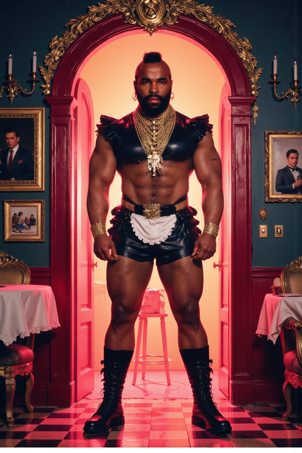 Masculine black man ,very muscular with big hair ,wearing white underwear ,tatuados ,in black boots ,mitts ,gold cord,on top of the bed.
