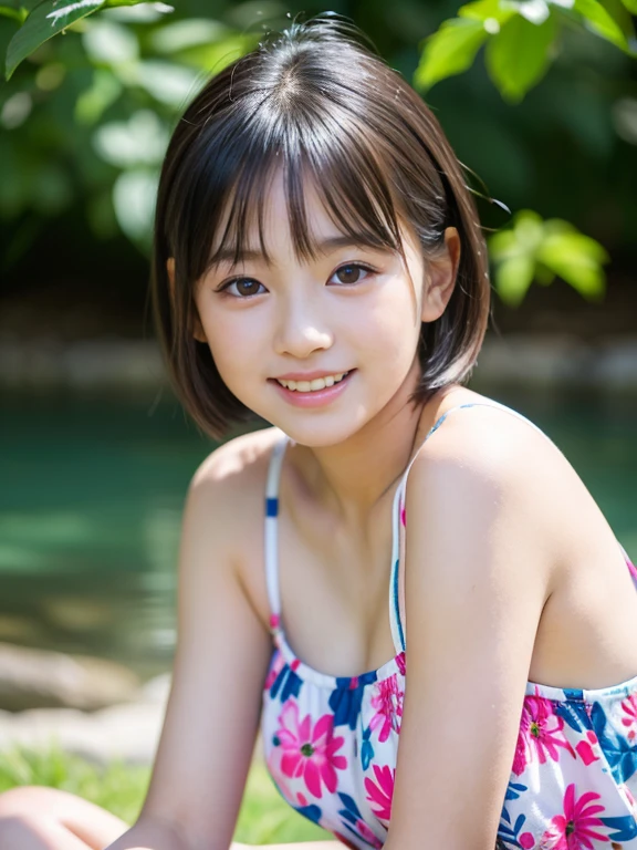 highest quality, High resolution, realistic pictures, detailed skin texture, (((Cute 12 year old Japanese girl wearing a white camisole))), (flat chest:1.5), towards the camera, slim body shape, charming gaze, Fair skin, view audience, focus on face, close up of face