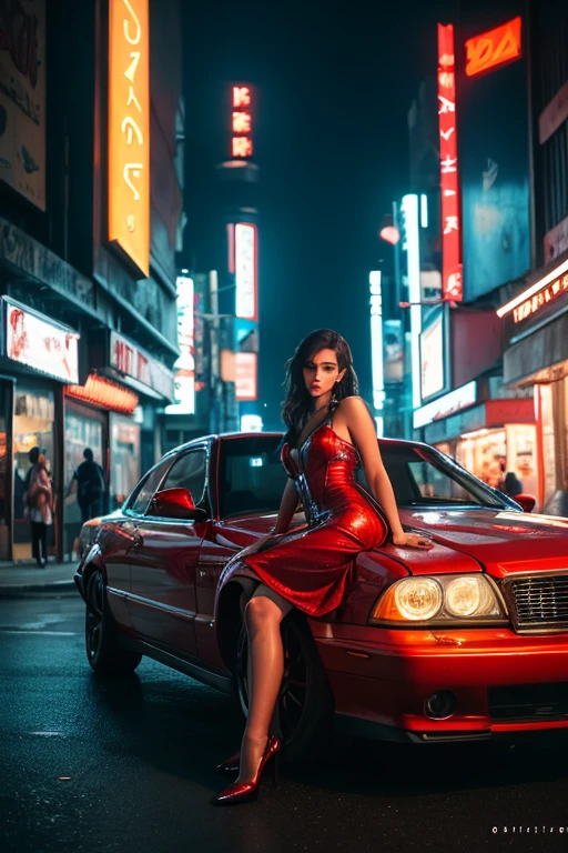 a french  lady in red sitten on the hood of a Zhiguli, lada, VAZ 2109 in a night flash from red neons realistically, closed eyes, in a hindu meditation pose, short skirt,  a dark jungle with mistery feeling in the background, high resolution, high details, guity details, cinematic light, raw photo, 4k, lenz 85 mm, bare legs with details, full body frame, very beautiful lady,