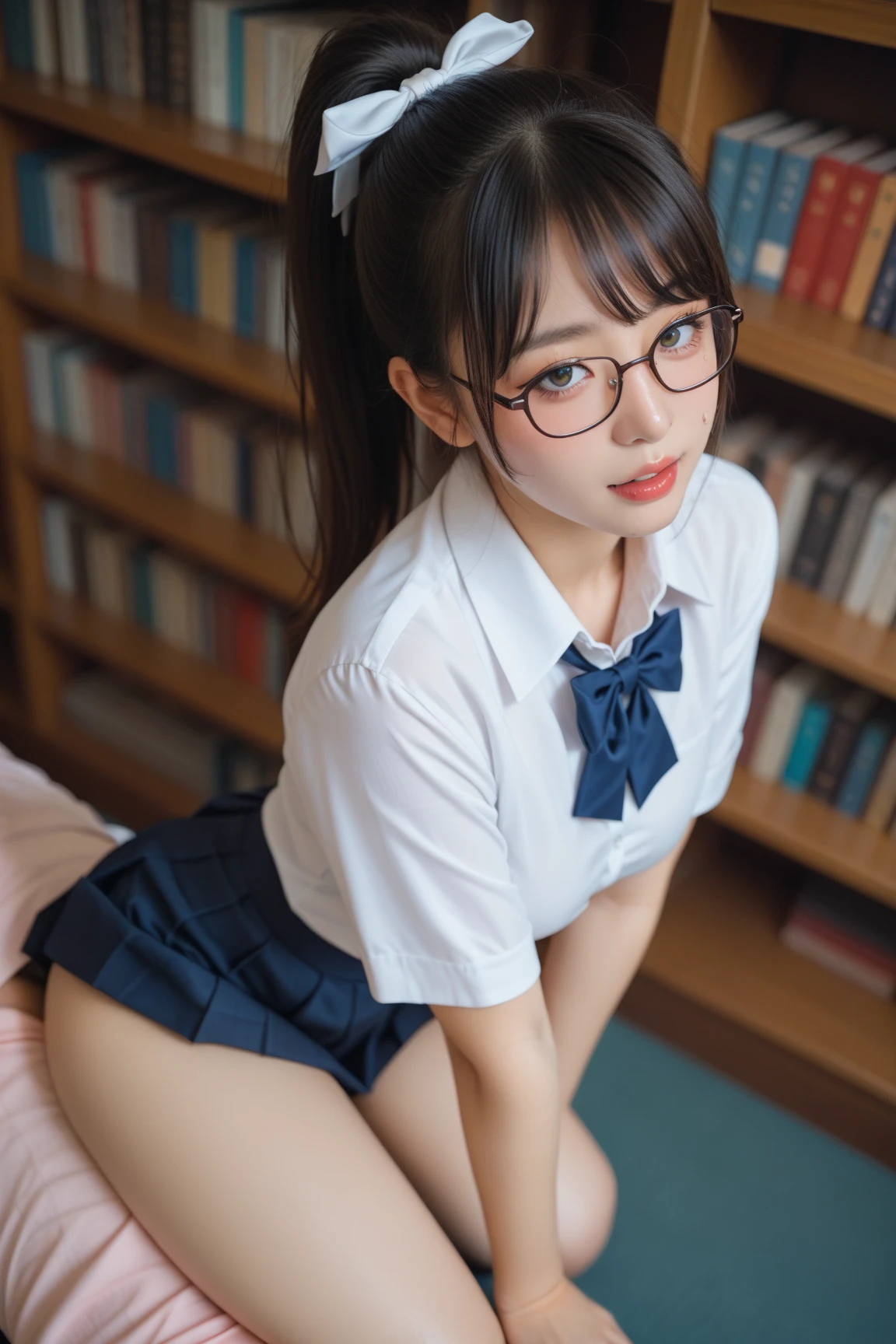 (8k、RAW Photosgraphy、highest quality、masterpiece:1.2),Black Pantyhose,Absurd,Small Face,,Flat Chest,前hairを真ん中から分ける、The forehead is visible,(eyeを細めて,strong,skinny,Sanding,Rage)、masterpiece,highest quality、超A high resolution,RAW Photos,Len,Beautiful poop,one person, solo,Glasses,,Dark look,Small breasts,whole body,Round Glasses、cute、Japanese women,standing,(eyeを細めて,strong,skinny,Sanding,Rage,,Flat Chest)、(Photorealistic:1.37)、Photon Mapping,Light blue ribbon,Realistic、cute顔,茶色のeye、Black socks、(Red bow tie)、Radio City、物理ベースLenダリング、prospect、Depth of written boundary、Blurred Background、picture,Girls、body, Long legs, Thin legs,ponytail,(前hairが見える), hair, Lips, green_eye, Nose Soft,White shirt, Navy blue and white plaid pleated skirt, I can see your knees,See-through clothing,, thigh, black cotton socks,Nogizaka Idol, , Japanese Ido、((Sexy panties in full view:1.1))、((Spread your legs wide:1.48))
