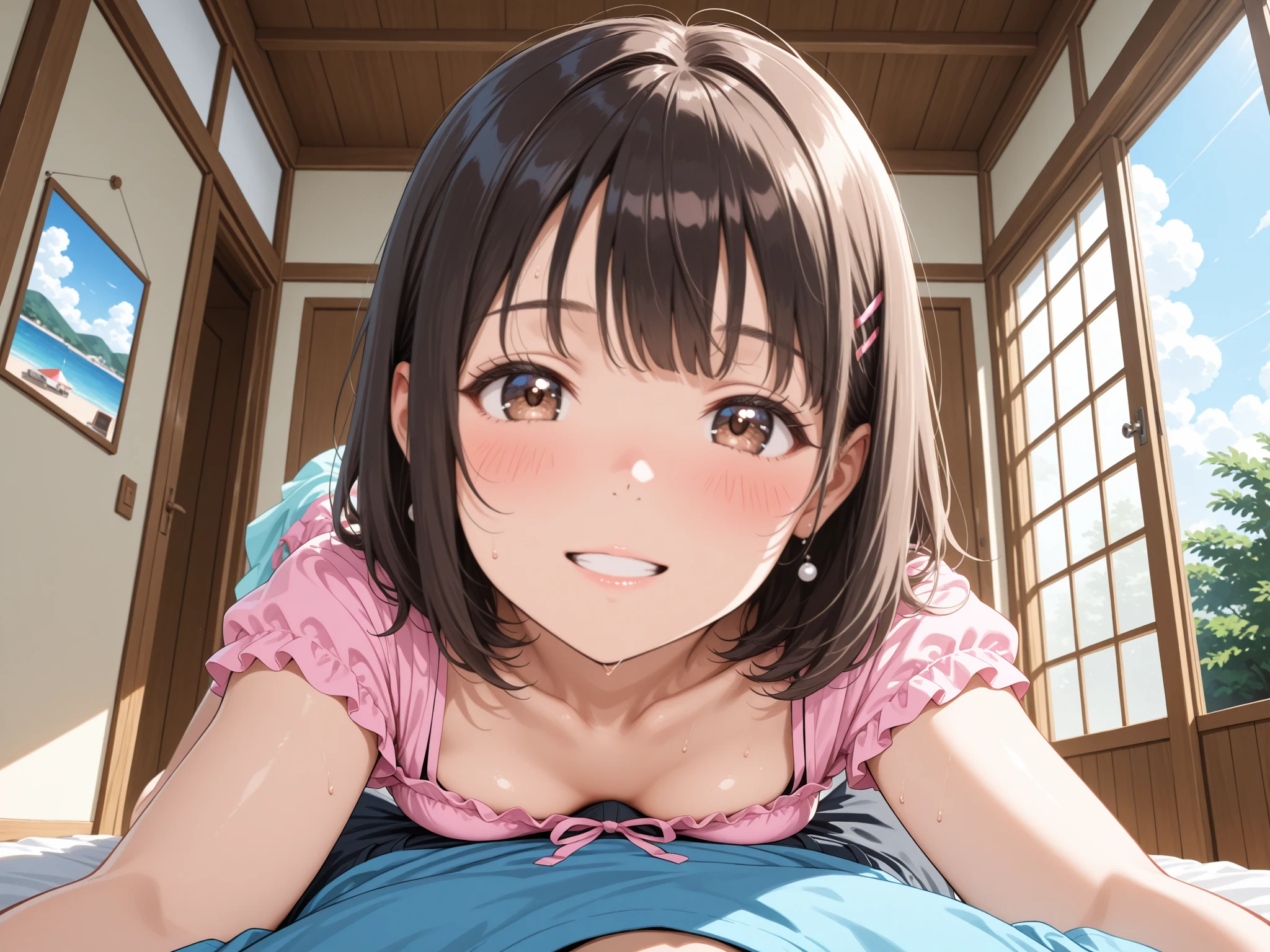 front view,1girl,Beautiful girl at 13 years old,Japanese,Slender,small breasts,Baby Face,Small face,Black Hair,Short Twin Tails,Gray Eyes,Drooping eyes,middle School girls,Pink micro bikini,open mouth,tongue out,front face,kneel,Hands Behind Back,Put your chin forward,Beautiful and detailed anime art,Mischievous smile,front view,high angle, looking at viewer, looking ahead, from above,face focus,Sexy vibe,cum on tongue,Dimly lit room,Beautiful room,On the bed,blurry background