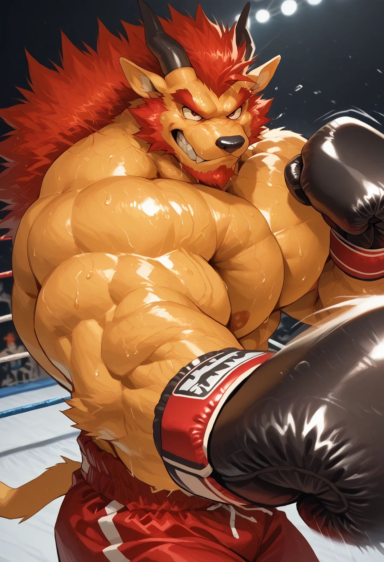zangief,a bear with a beard and a golden belt, fighting game character, street fighter 5,muscled humanoid bear,heavy looking,buff bear,wrestler,Red short briefs,capcom,street fighter,shirtless,muscular male,chest hair,visually weighty,bearded bear, brown fur,mohawk hair,red and yellow wristband,red speedo briefs with the golden belt, Red Wrestling Boots ((best quality)), ((masterpiece)), (detailed), perfect face