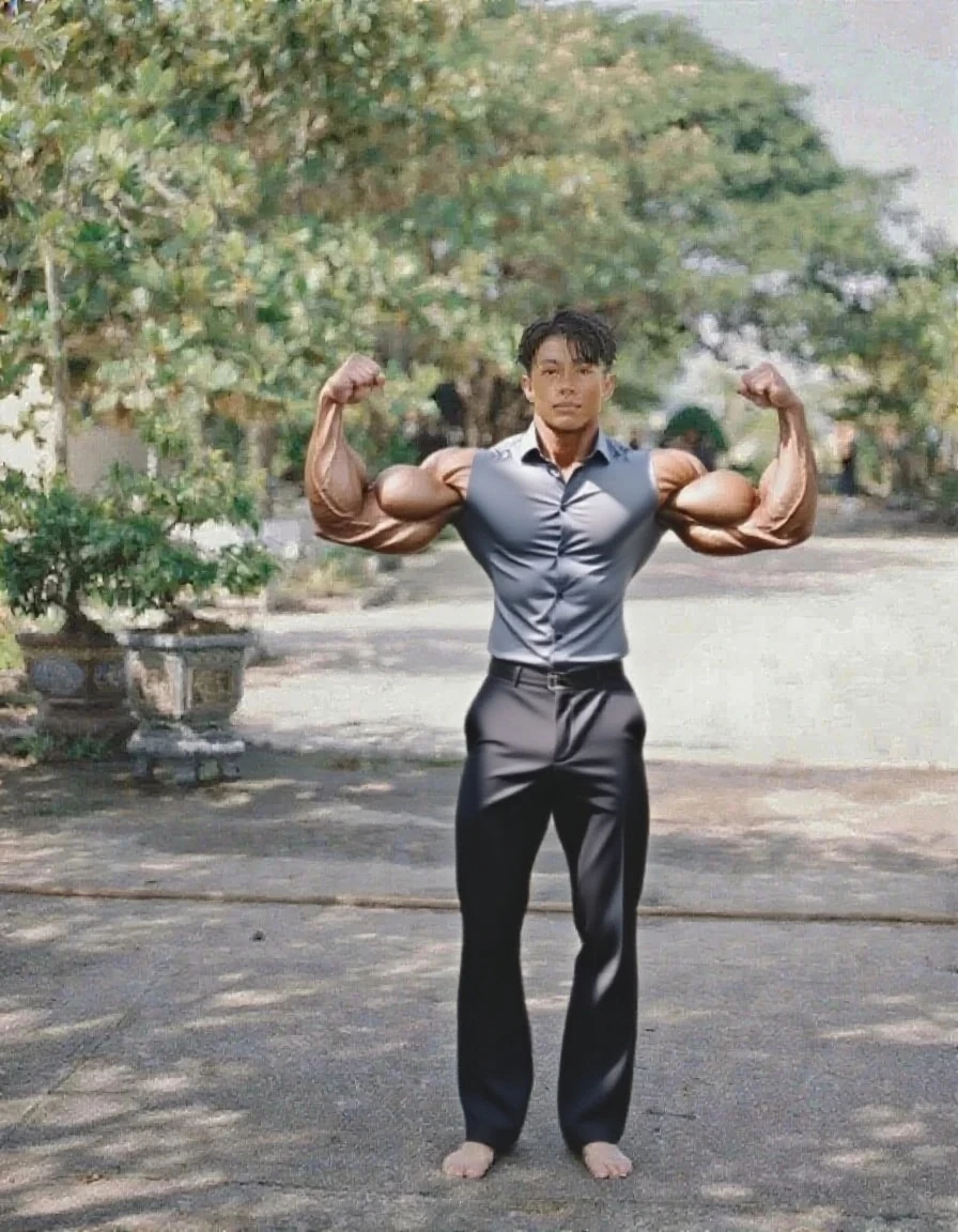 There is only one handsome Asian actor in the photo，35 years old，High target, Fitness，short hair, O-Shaped Beard，Perfect body, Dark skin color，Radiant Skin，Smooth skin，Shiny, shiny skin，Smooth pectoral muscles，No chest hair，No body hair，Muscle bulge, muscular, Very large pectoral muscles，Very sexy abdominal muscles，Very well-developed leg muscles，Huge concave and convex area，Brightens oily skin，Wearing a white leather shiny thong，Handsome face， Correct and accurate male body proportions, Wear white socks，Put your hands behind your back，Stand among the flowers，Flowers bloom all around。
