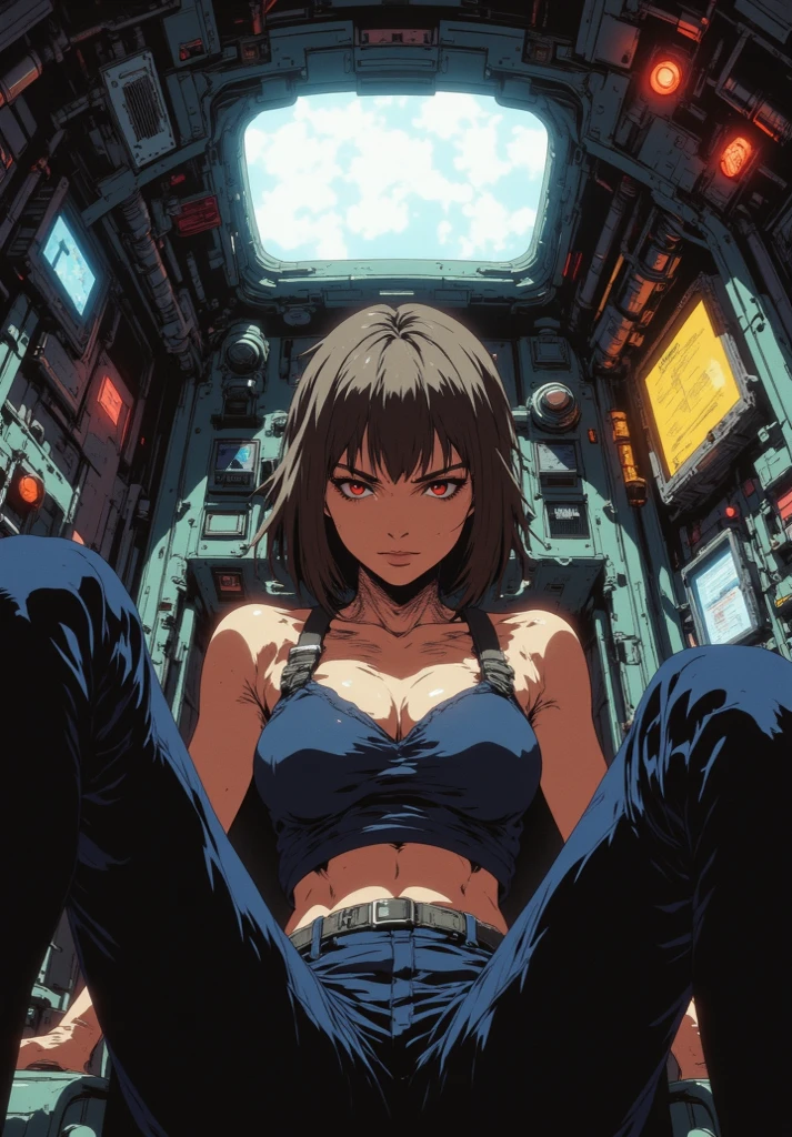((gothic vampire piloting in gothic spacecraft)), (((retro anime))), ((from below)), ((120 fov)), ((((gothic control panels)))), ((mature)), (((gothic))), iridescent bodysuit, ((lace accessories)), ((pilot seat)), ((((lying back)) pose)), ((elegant)), (((serious tone))), futuristic, ((cockpit top control panel)), intricate control panel details, 1990s (style), [blushing], sweat, masterpiece, ((claustrophobic)), sparkles, best quality, screens, ((pilot helmet)), ((hands on controls)), night, space, ((cockpit lights))
