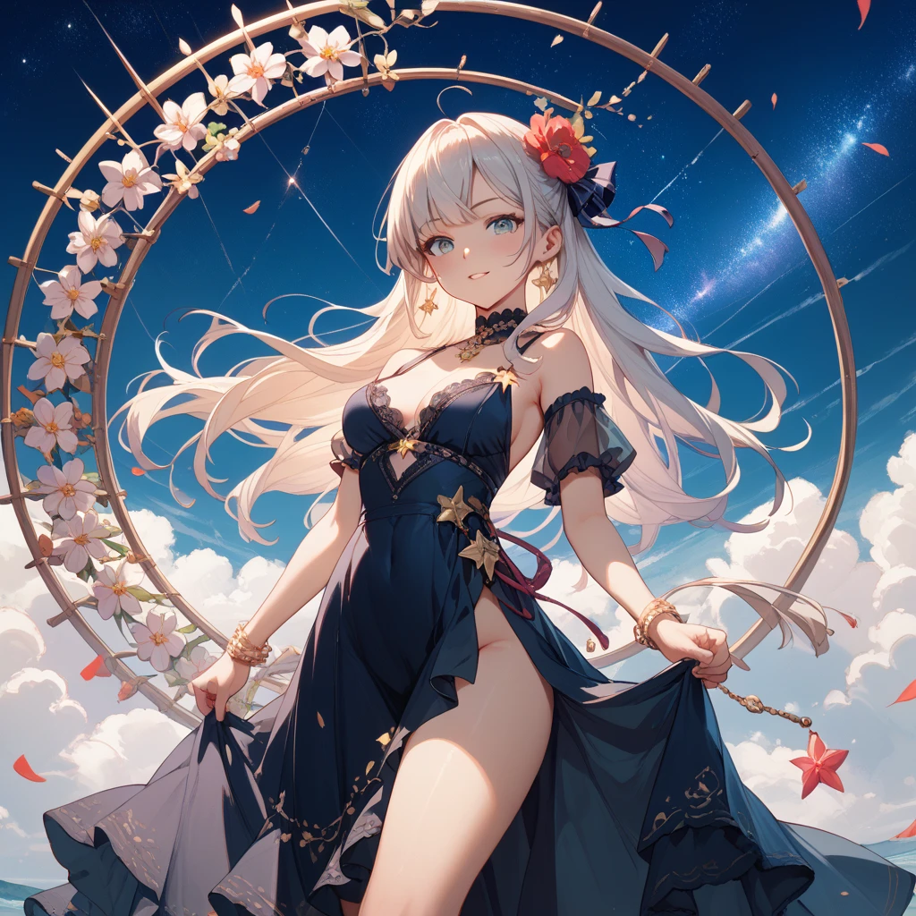 Anime AI art, high qualtiy, digital art, high qualtiy AI, femboy Otoko no ko, blue aqua hair, short hair, (super flat chest), thin body, big butt, sexy ass, blush on face,very shy face, frilled dress, short dress, red color dress, sexy pose, hot pose, golden crown, night Aurora rainbow full of stars background