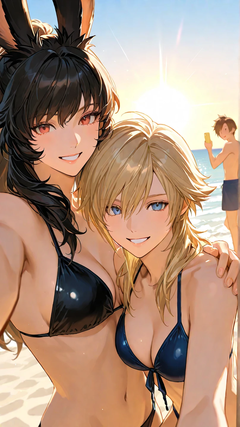 Realistic, 3 beautiful Japanese gals, Selfie, Face Enhancement, Face Zoom, Big smile, Long blonde hair, Wavy Hair, Dark Skin, Beach, bikini, Looking up from below